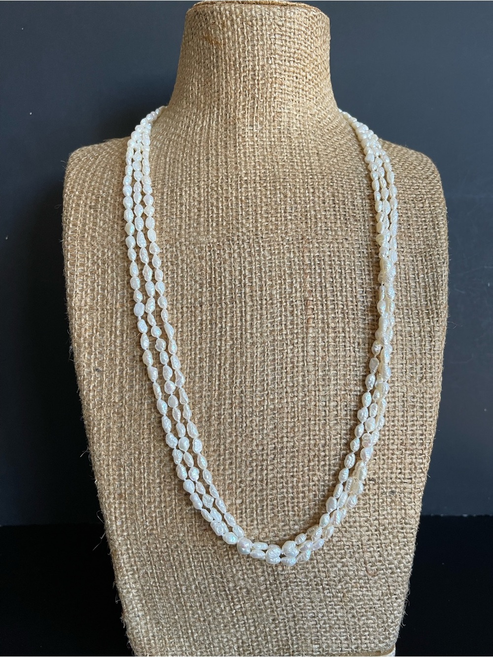 Elegant Triple-Strand genuine freshwater pearl Bead Necklace with 14KTGF clasp.
